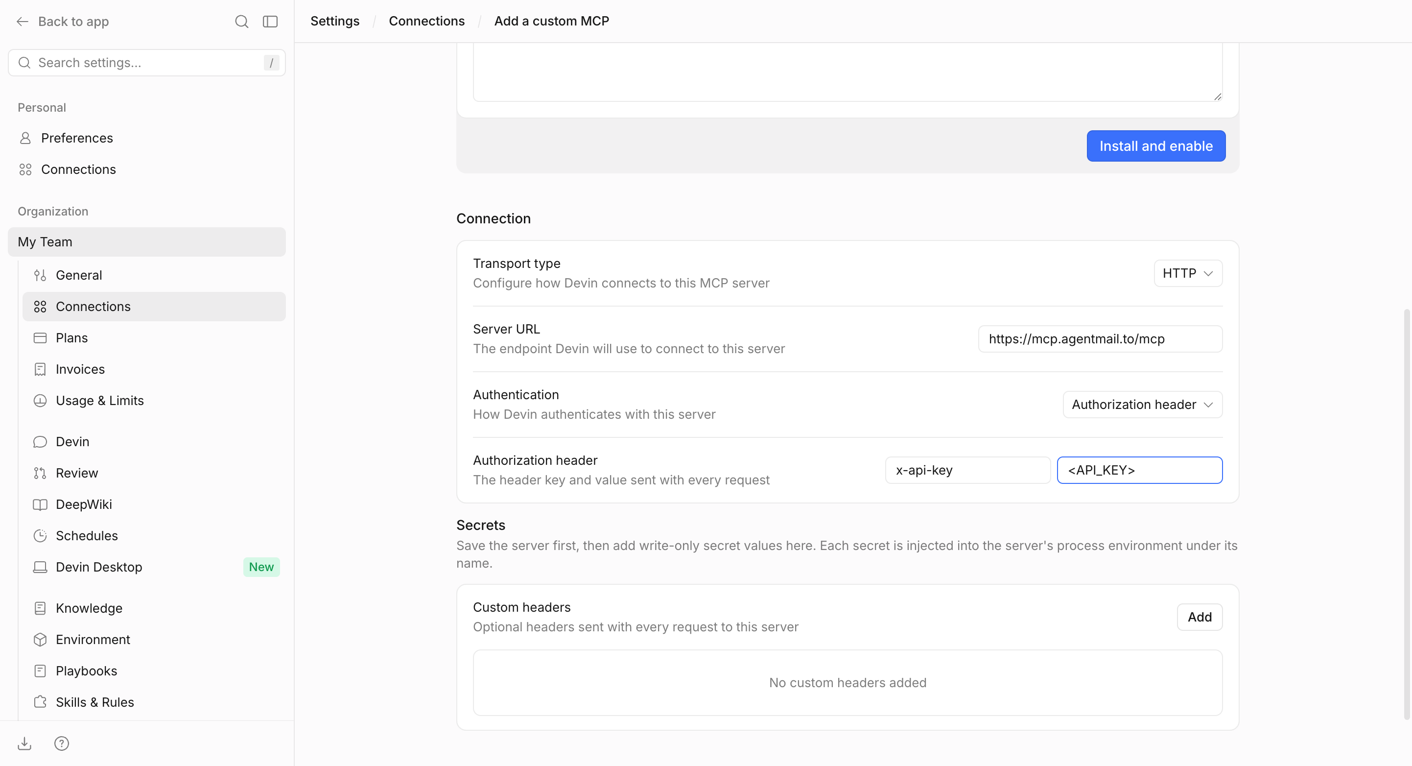 Devin's Add a custom MCP form filled in for AgentMail