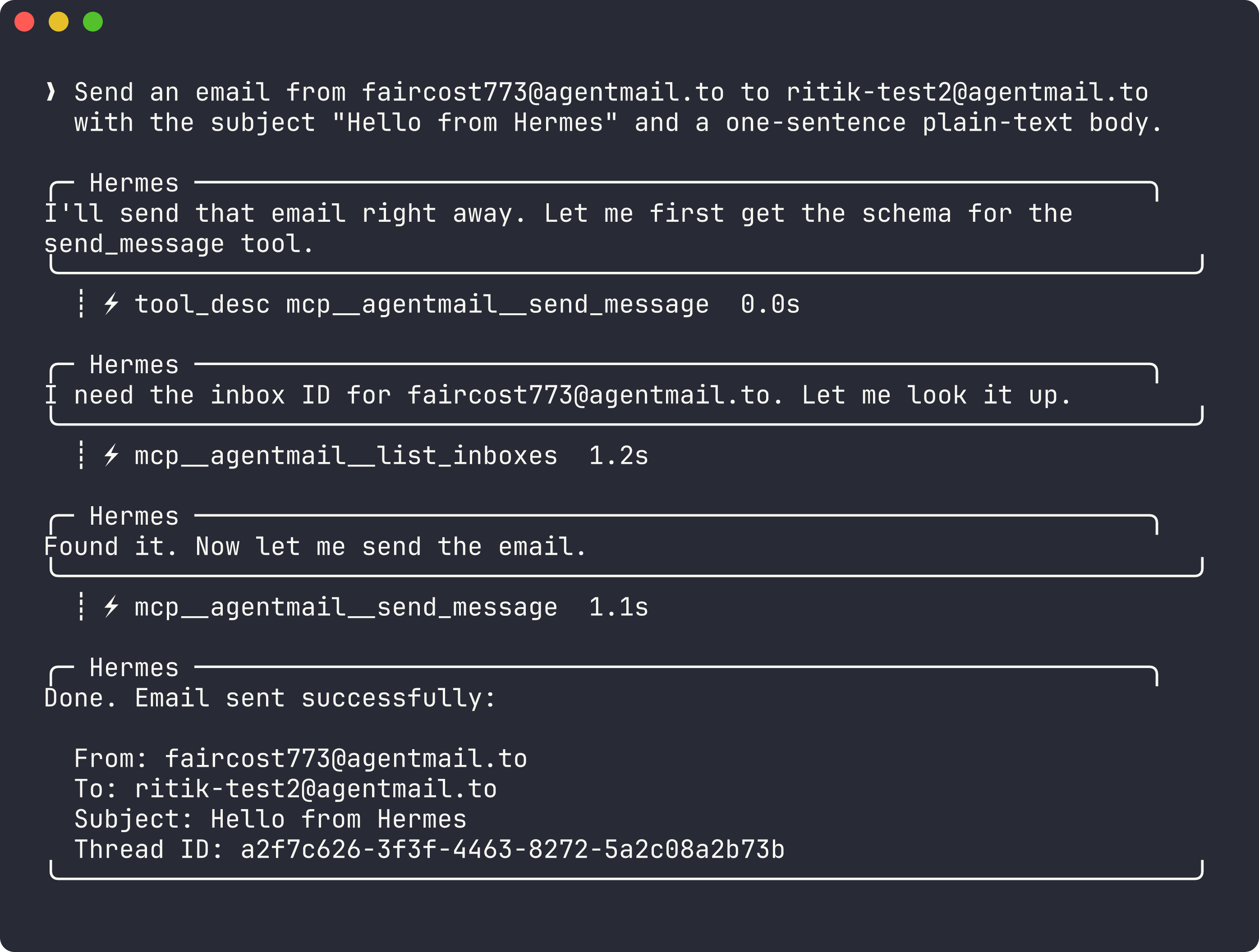 A Hermes chat turn sending an email through the AgentMail MCP tools