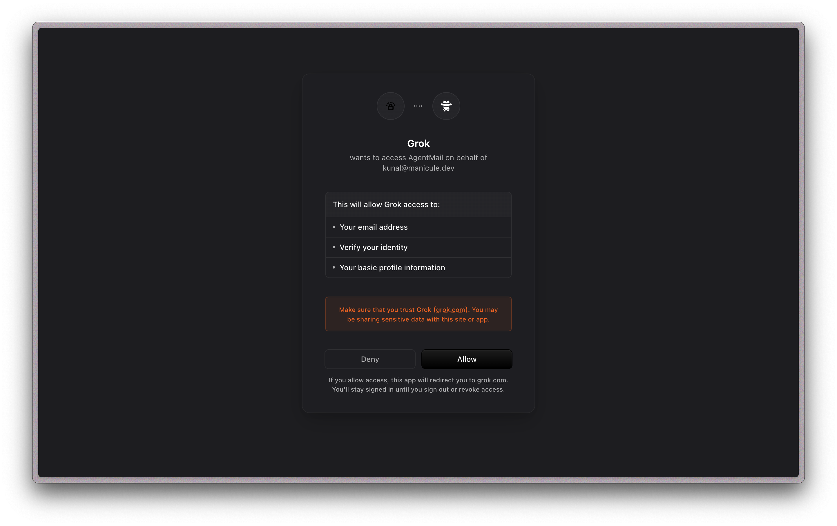 AgentMail authorization screen for Grok