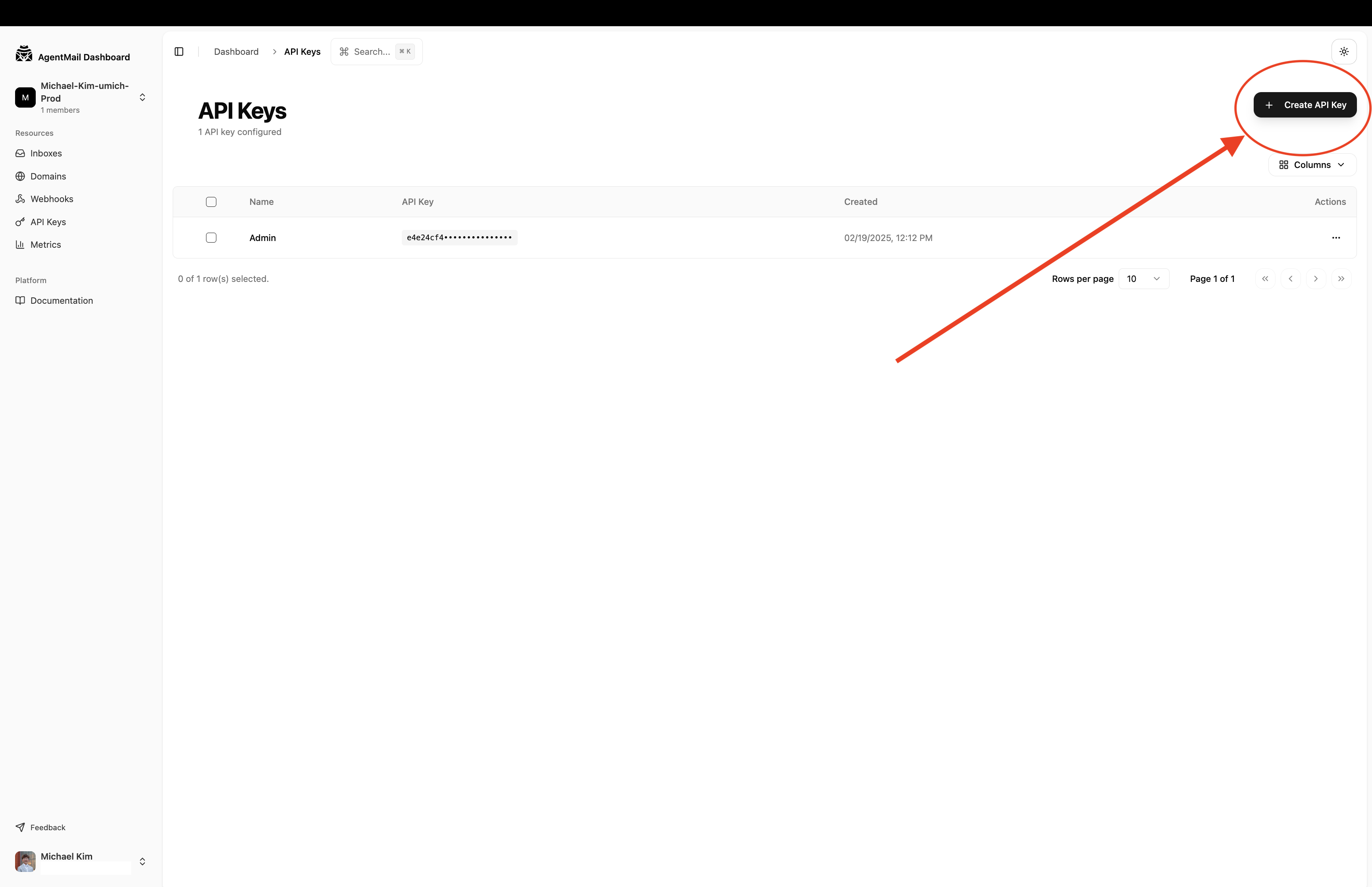 Creating an API key in the AgentMail Console