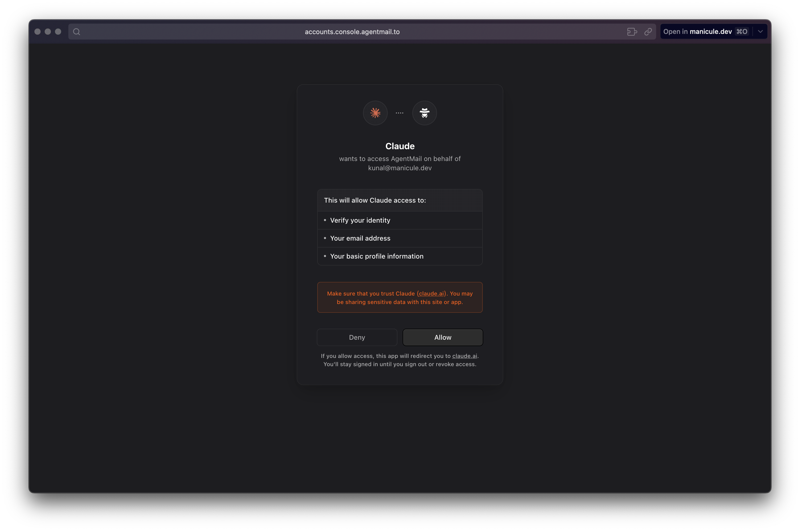 AgentMail authorization screen for Claude