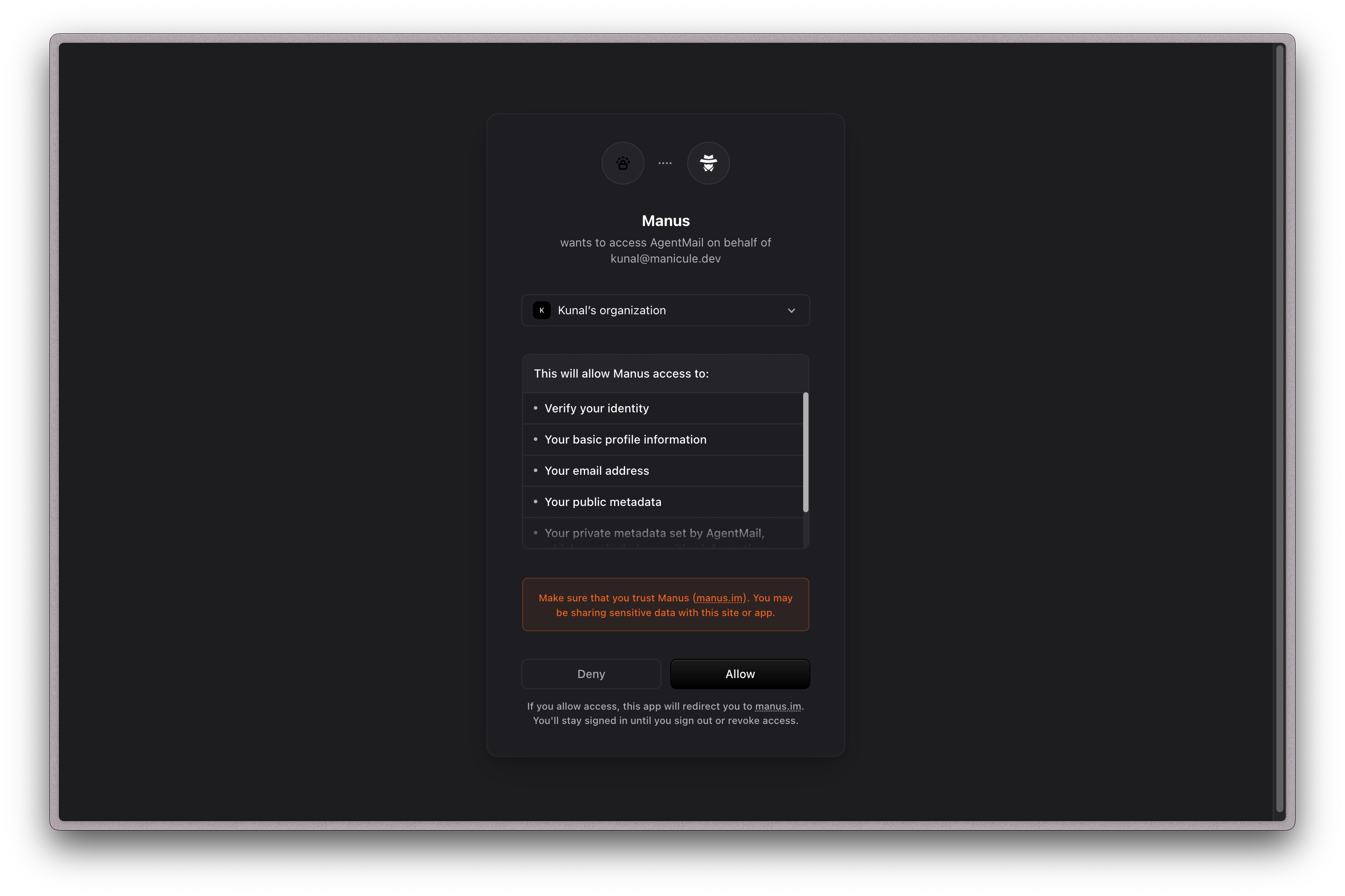 AgentMail authorization screen for Manus