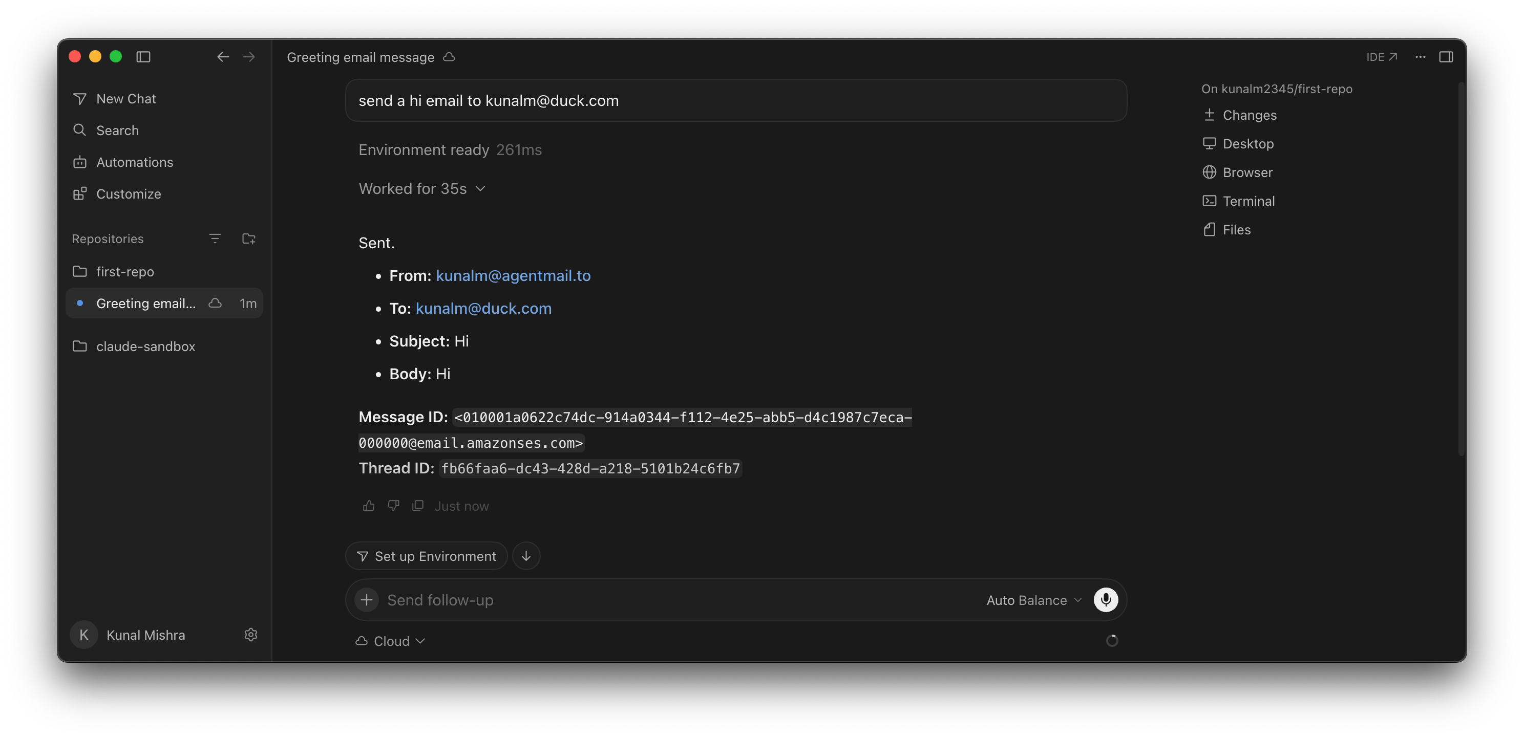 The Cursor agent confirming a sent email from an @agentmail.to inbox