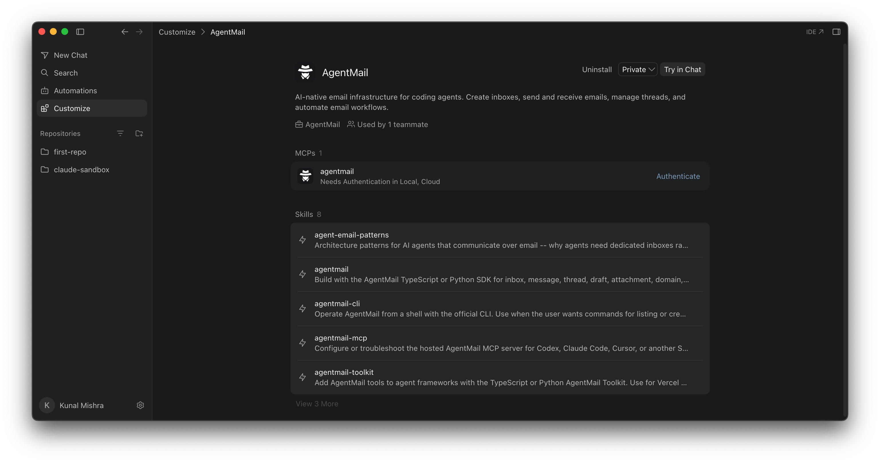 The installed AgentMail plugin with an Authenticate action